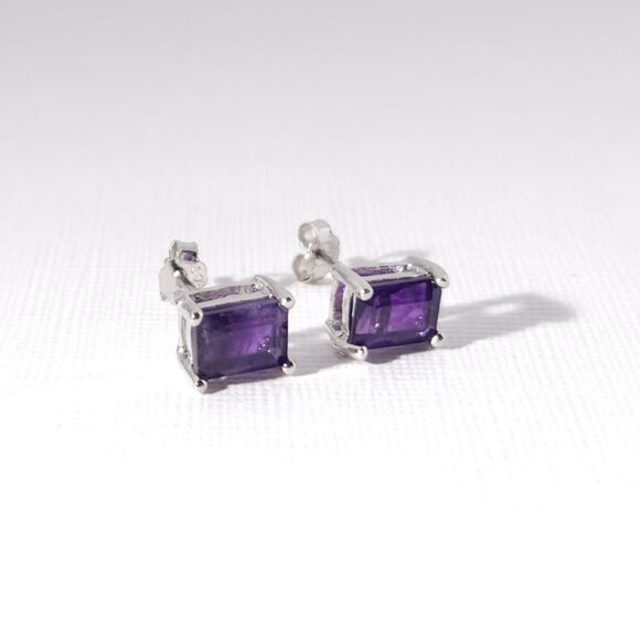 Amethyst Octagon 5x7 Post Earrings in Sterling Silver - Picture 2 of 7